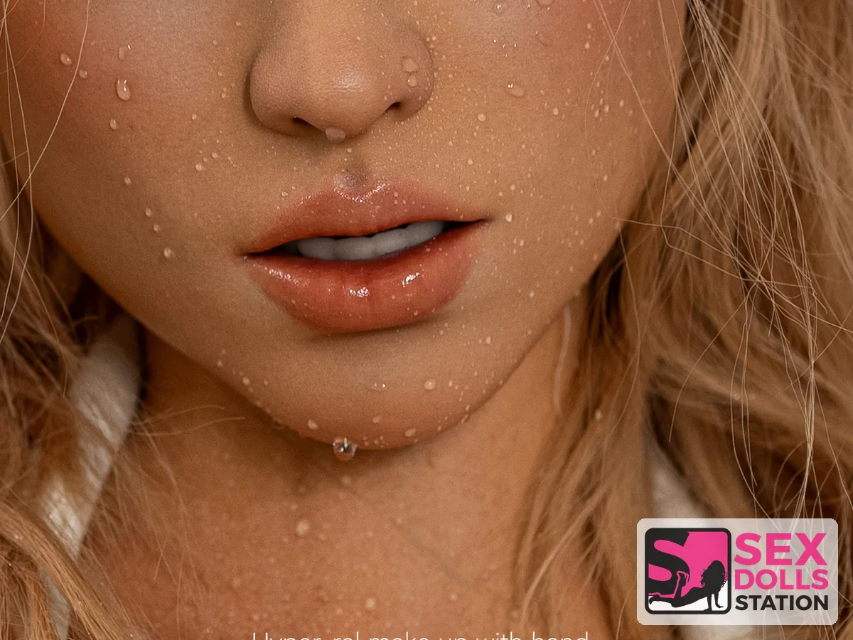 Close view of a doll face showing surface finish and makeup detail