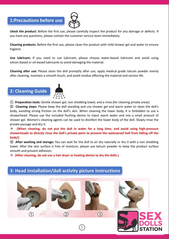 English care instruction sheet covering cleaning and head installation