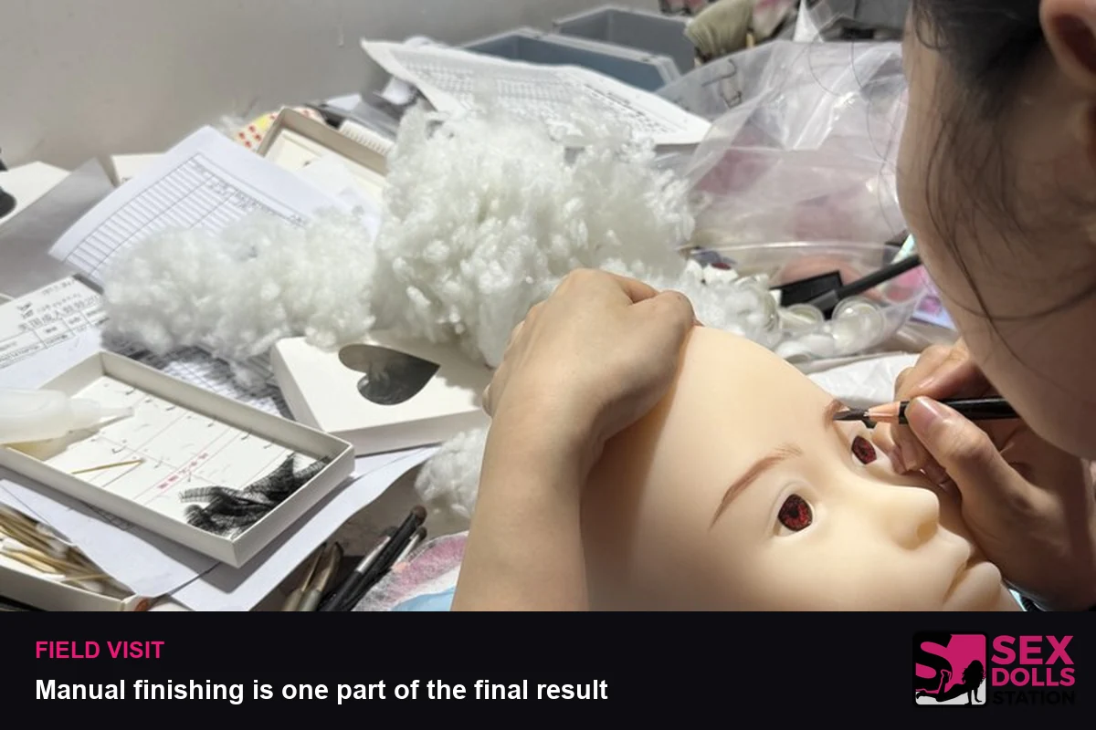 Field visit photograph showing manual finishing of a doll head